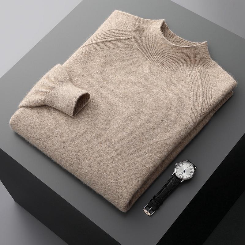 Men's Solid Color Cashmere Raglan Sleeve Sweater - Fall/Winter Half-High Neck, Versatile and Pure.