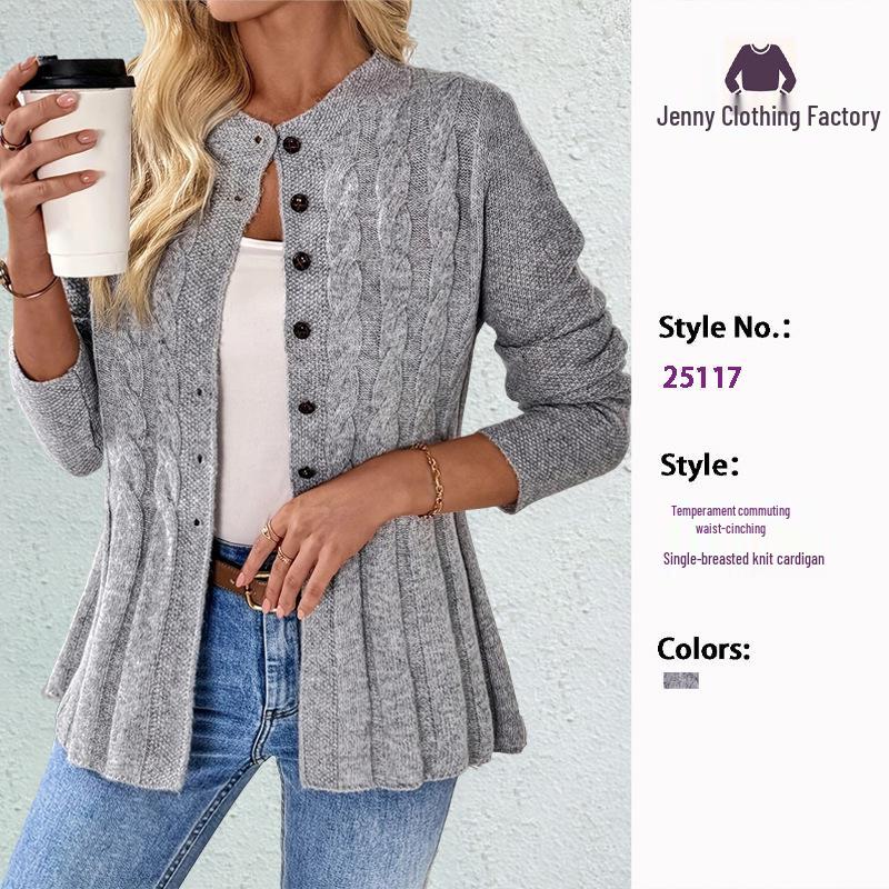 2026 European Style Women's Cable Knit Cardigan: Round Neck, Waist-Cinched, A-Line Hem, Single-Breasted Sweater Coat for Spring/Autumn