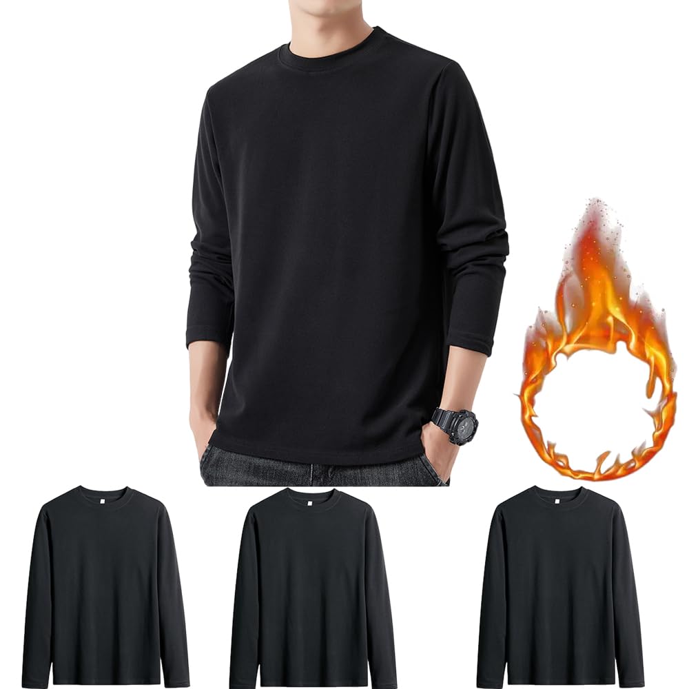 Hisitosa Long Sleeve Cold Weather of and Addictively Soft Men's Undershirts, Underwear, 3-Pack 5, Fleece-Lined, Thick, Antibacterial, Odor-Resistant,