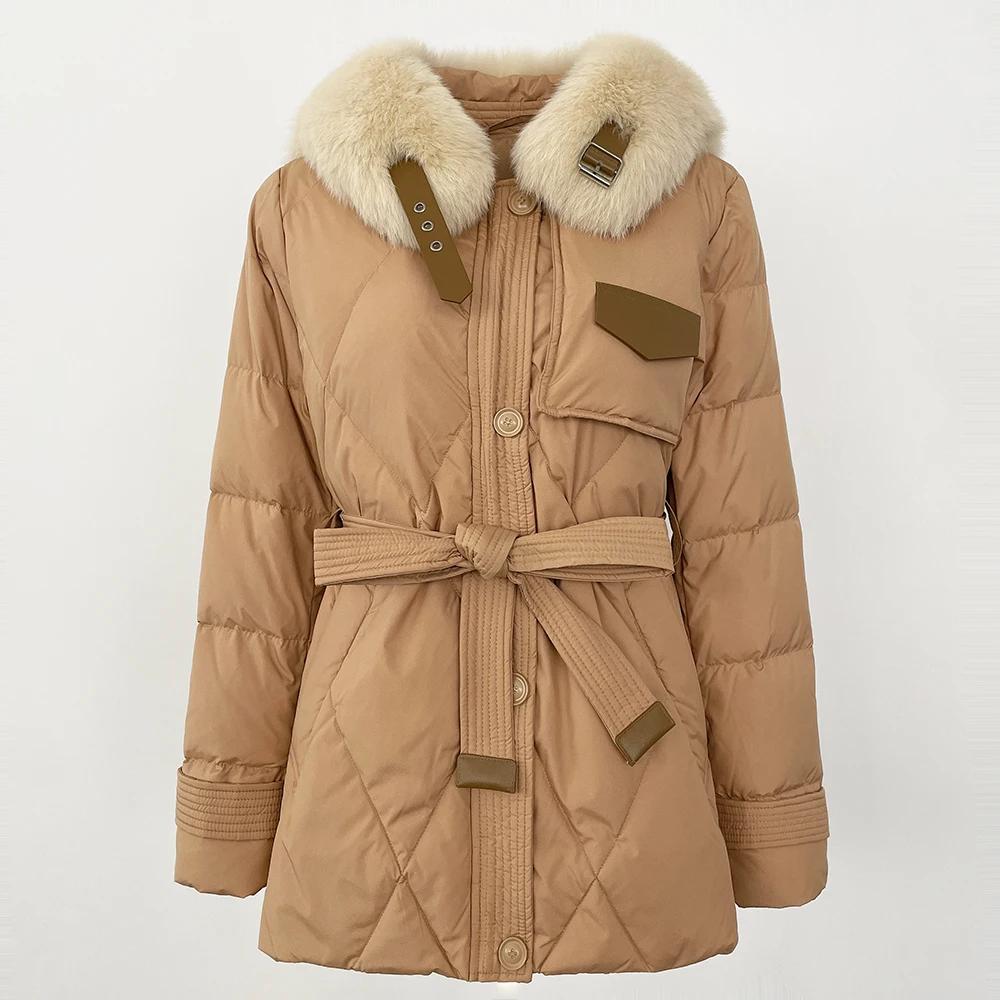 OFTBUY 2024 Winter Jacke Frauen Echt Fox Pelz Kragen Natürliche Dicke Warme Ente Unten Mantel Gürtel Oberbekleidung Streetwear Casual