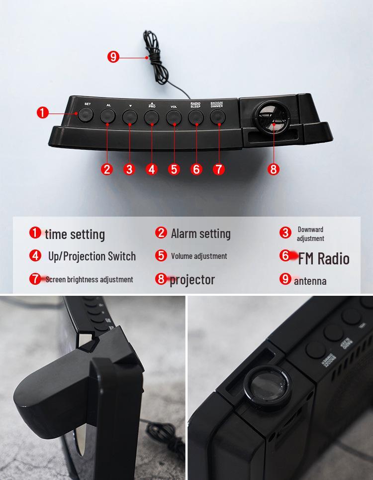 0716 Dual Alarm Clock with Large LED Display, Curved Surface, and Radio Projection