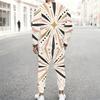 Men Plus Size White Printed Two Piece Set Round Neck Long Sleeve Top Cuffed Pants With Pockets