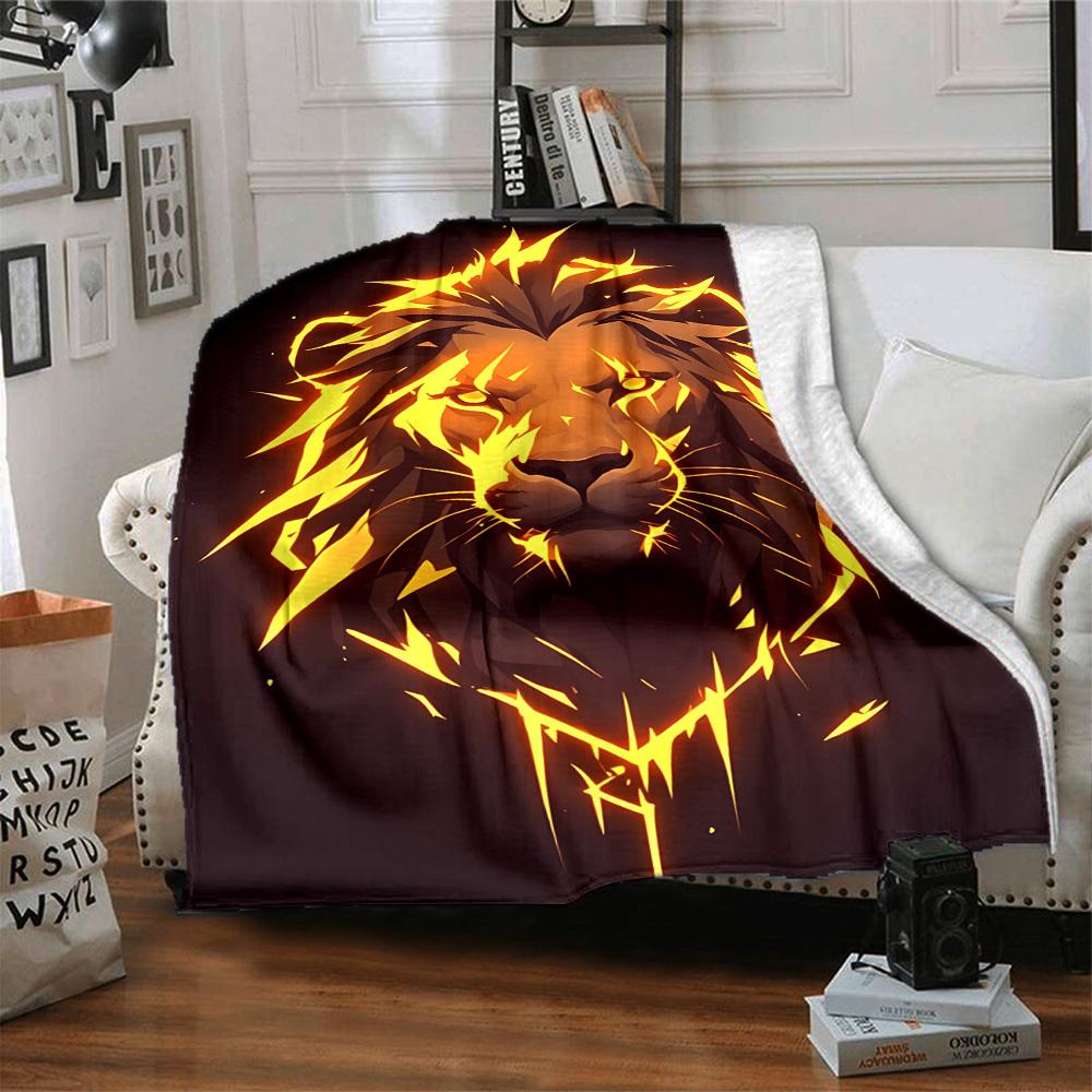 1pc Lion Flame Print Blanket - Lightweight Flannel Throw Blanket For Sofa, Bed, Living Room, Office, Outdoor Travel, Camping, Soft All-Season090