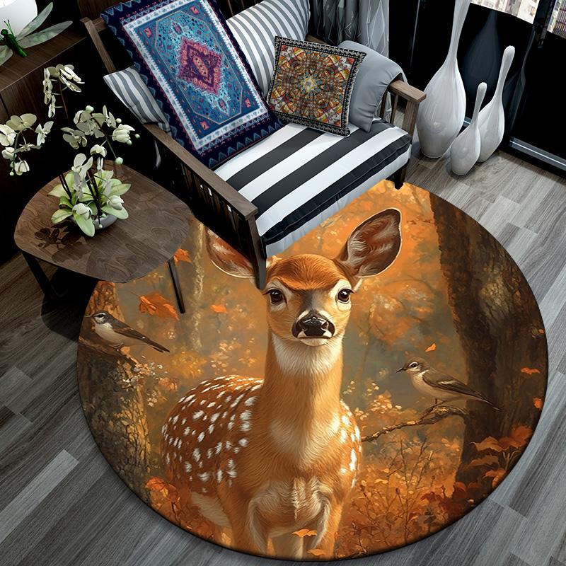 Autumn Forest Deer Round Area Rug,Carpet Rug for Living Room Bedroom Sofa Playroom Decor,Non-slip Floor Mat