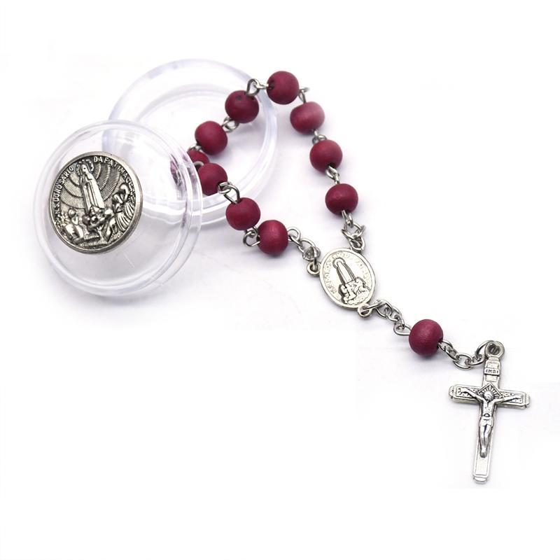 QIGO Red Wood Beads Strand Cross Rosary Bracelet With Box Church Religious Jewelry Gifts Cannot Be Worn