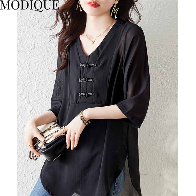 MODIQUE Letní Nadměrná Velikost Dámské Bavlněné Lněné Šifonové Halenky Košile Jednobarevné Letní Kabáty Oversize Výstřih do V Poloviční Rukáv Knoflíky