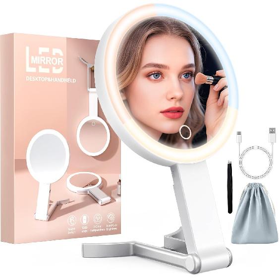 Travel Makeup Mirror with 3 Color Lights, 15X/1X Double Sided Lighted Magnifying Mirror, Portable Handheld Mirror, 3 in 1 Tabletop/Handheld/Hanging,