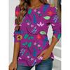Women's purple floral print long-sleeved loose-fitting round neck top, casual everyday style with an elegant design.