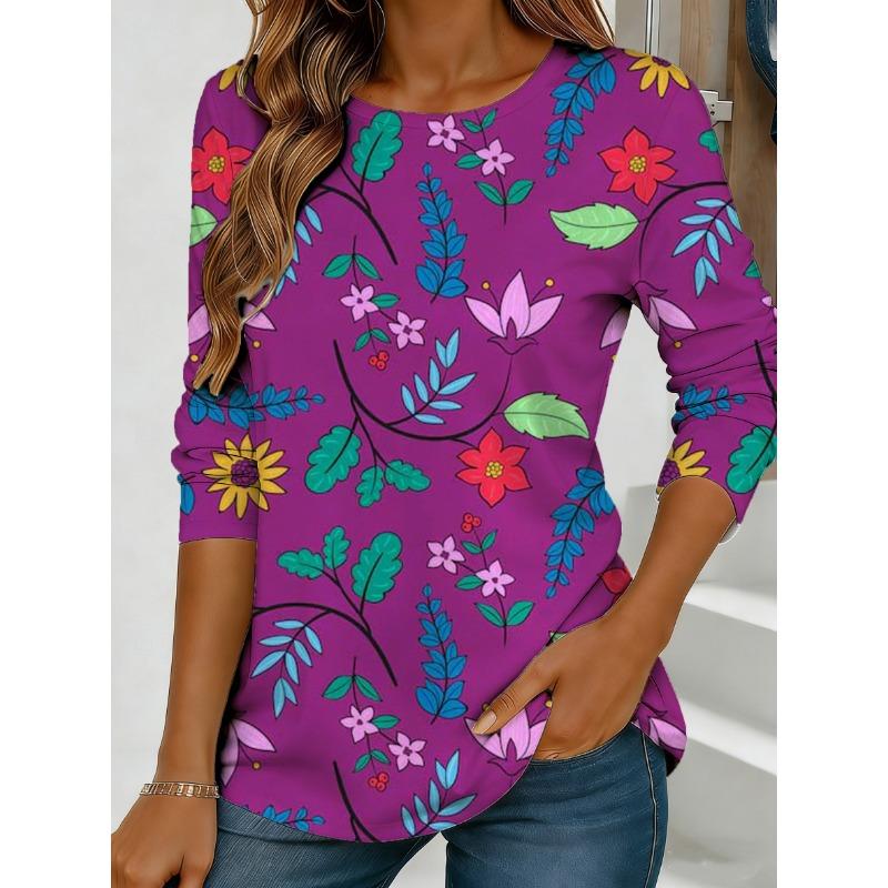 Women's purple floral print long-sleeved loose-fitting round neck top, casual everyday style with an elegant design.