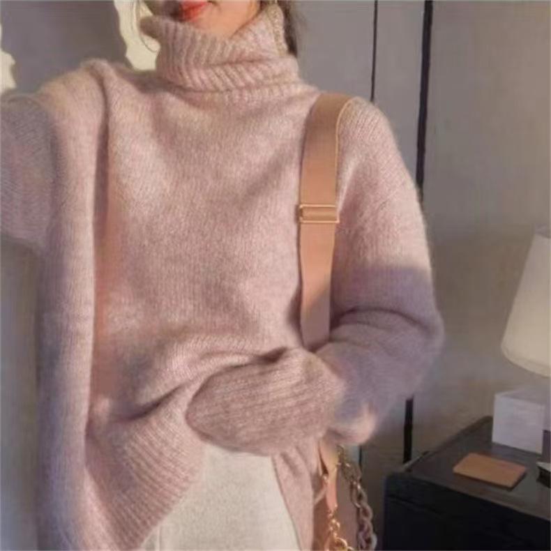 2025 Autumn/Winter Women's High Neck Loose Knit Sweater - Versatile Lazy Style Outerwear