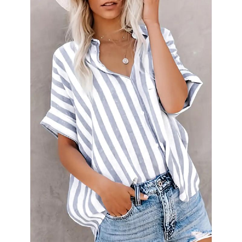 2026 Primavera/Estate Casual da Pendolare Stampata a Righe Bicolore Manica Corta Top Camicia da Donna