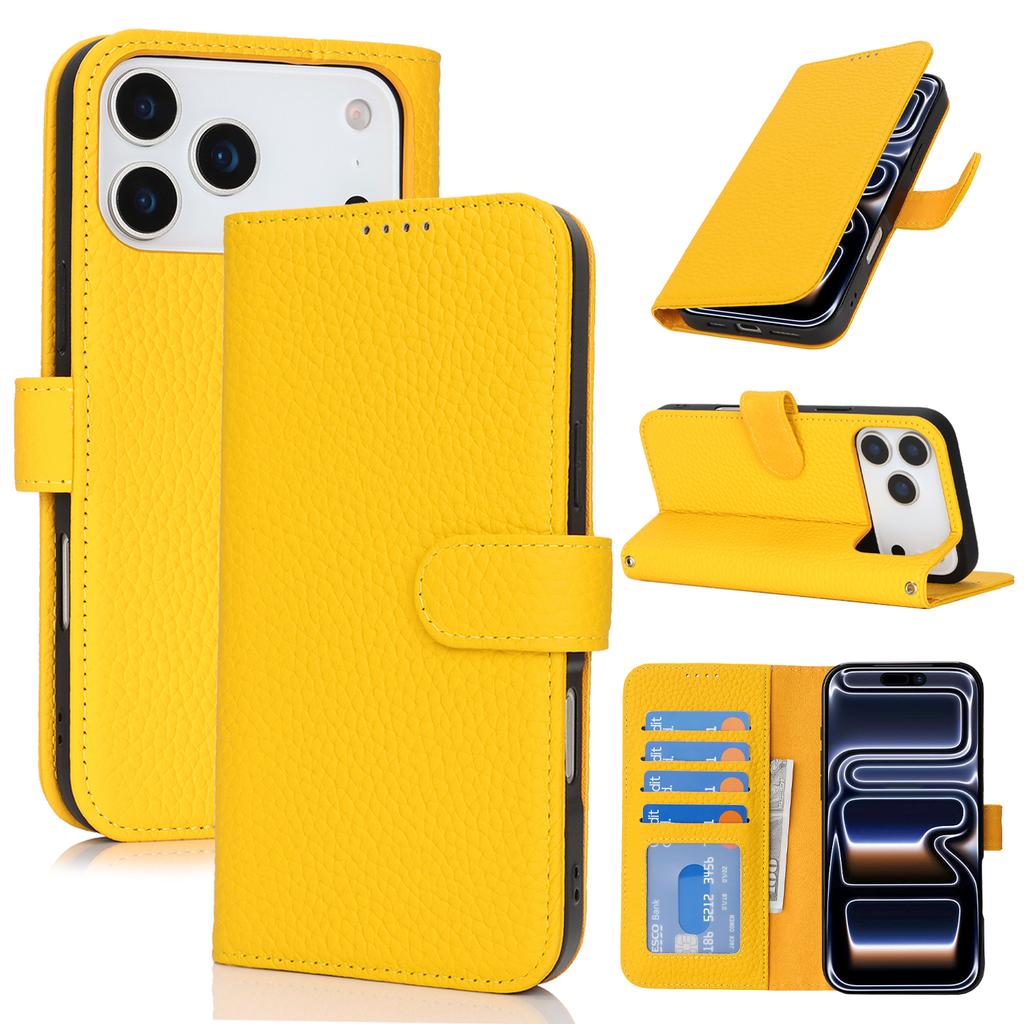 For iPhone 17 Pro Max Stand Case Litchi Texture Genuine Cow Leather Wallet Phone Cover RFID Blocking
