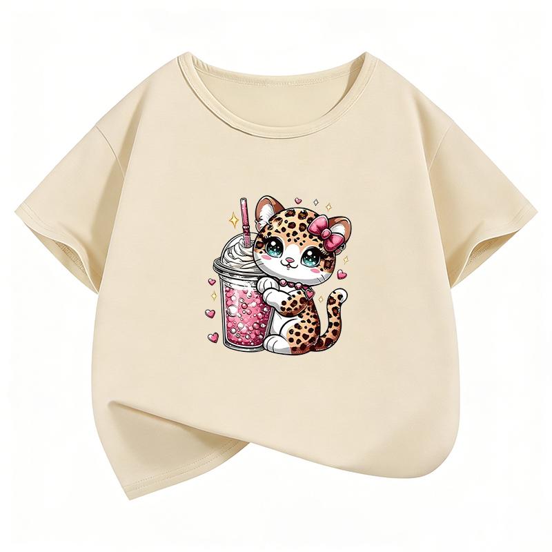 Leopardenmuster Katze T-Shirts Kurzarm Katze Lustig Manga Kinder Kinder T-Shirt Jungen Mädchen Lässiges Oberteil T-Shirt Sommer Frühling