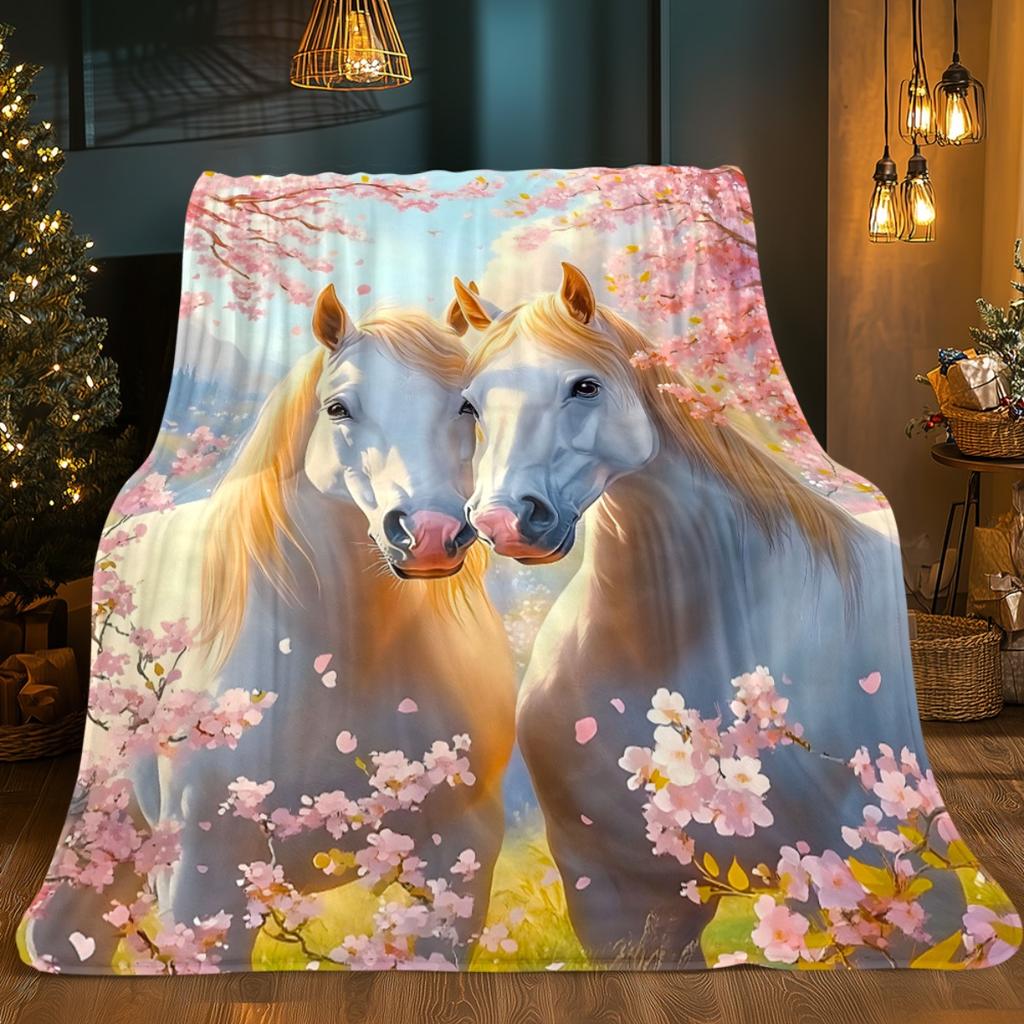 Cherry Blossom Horses Fleece Blanket Romantic Spring Scene Soft Flannel Throw Cover Artistic Animal Print Home Decor Gift for
