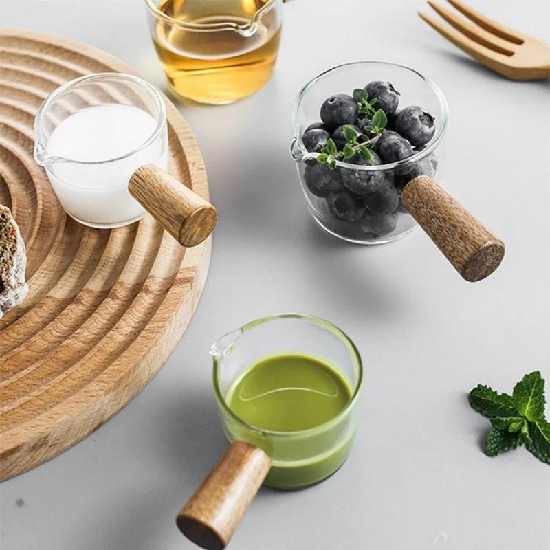 50/100ml Glass Measuring Cup Wooden Handle Espresso Cup Single Spout Milk Cup Coffee Supplies Transparent Kitchen Measuring