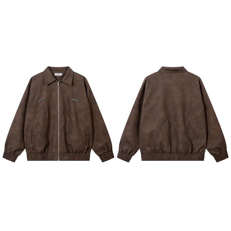 Unisex Vintage Streetwear PU Leather Jacket With Lapel Collar Metal Accents Loose Fit Winter