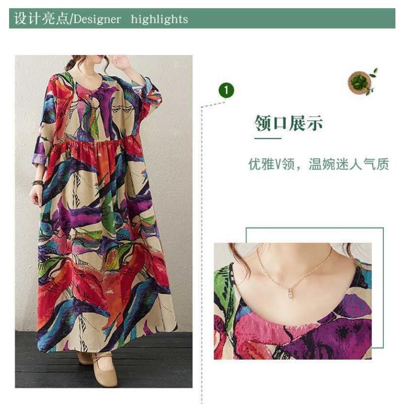 Round Neck Loose Plus Size Literary Plus Long Sleeve Dress