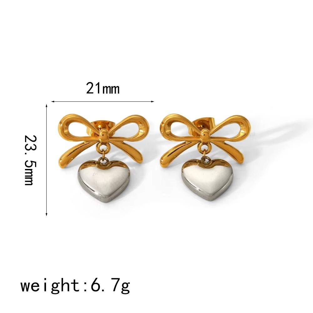 Simple Exquisite Gold Plated Heart-Shaped Pendant Earrings Stainless Steel Bowknot Stud Earrings Suitable For Daily Wearing