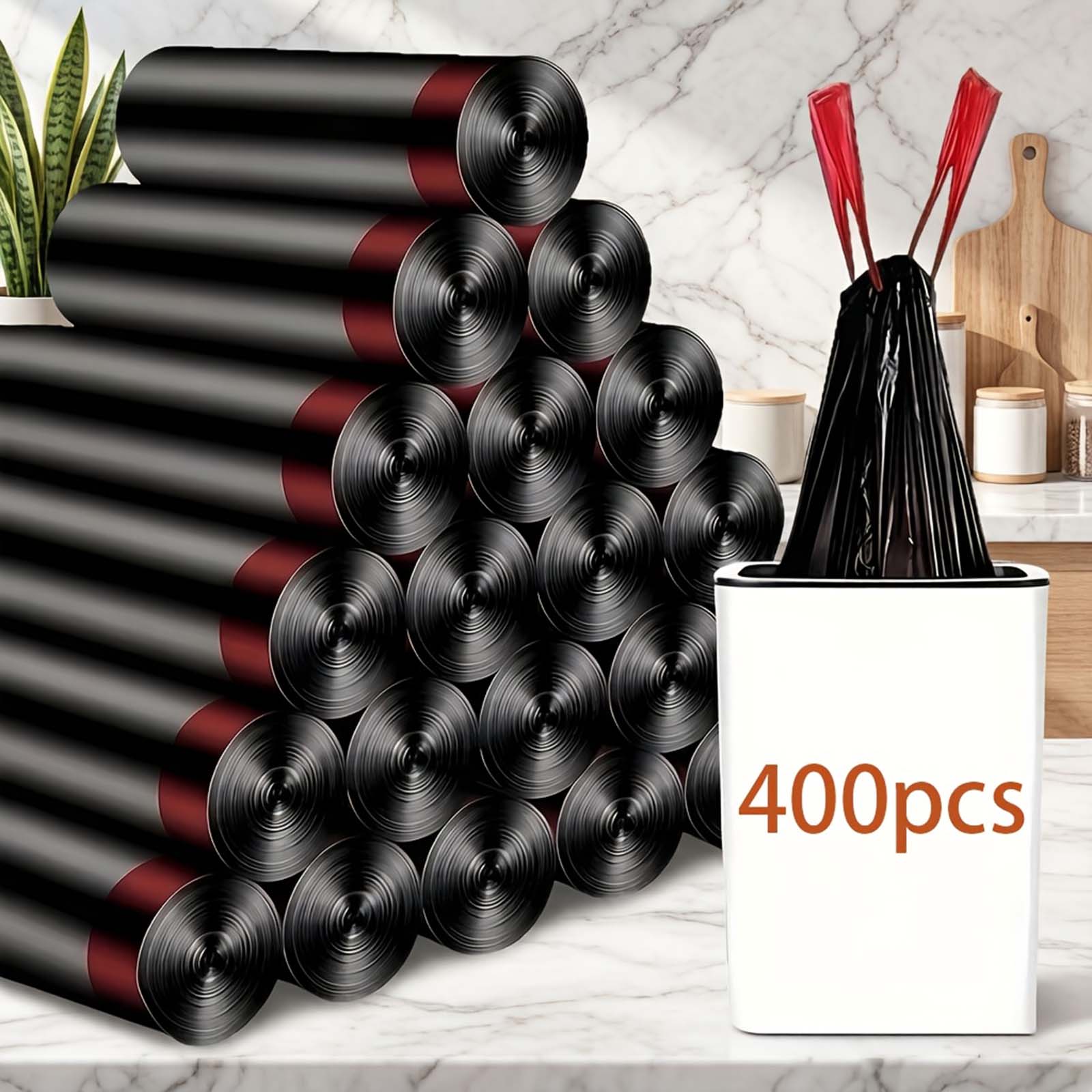Drawstring Bags for Kitchen, Handled Garbage Bags with Pull Ties, 400 Count (Small Roll) one size