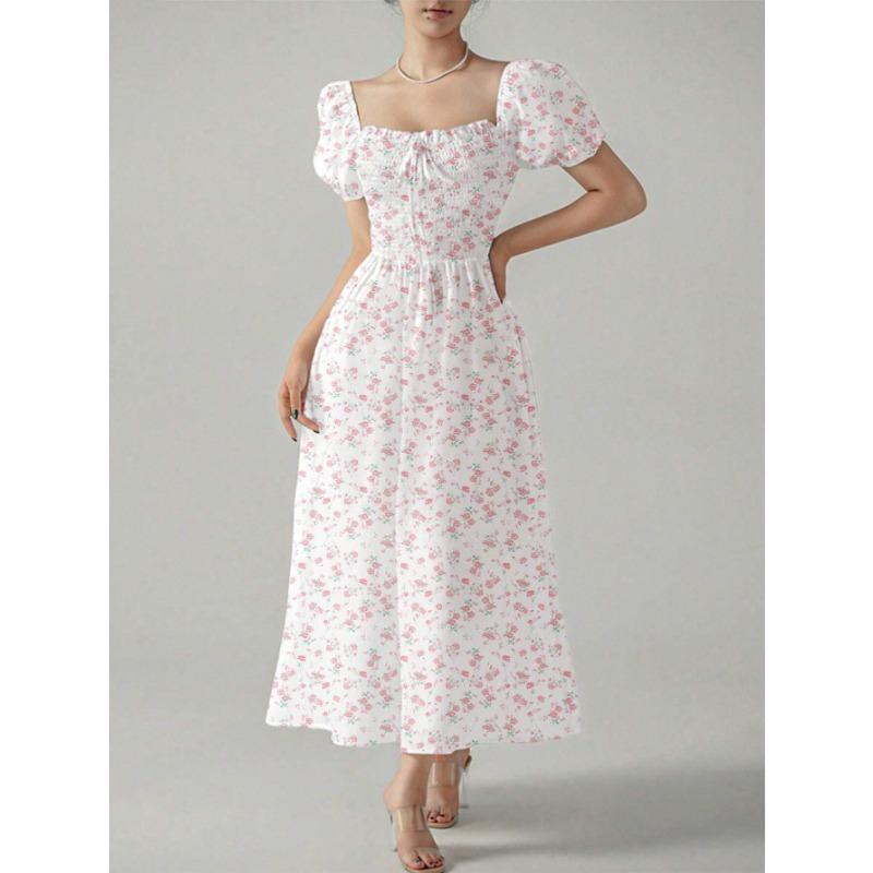 Summer New Style Square Collar Type A Printed Ladies Elegant Long Skirt