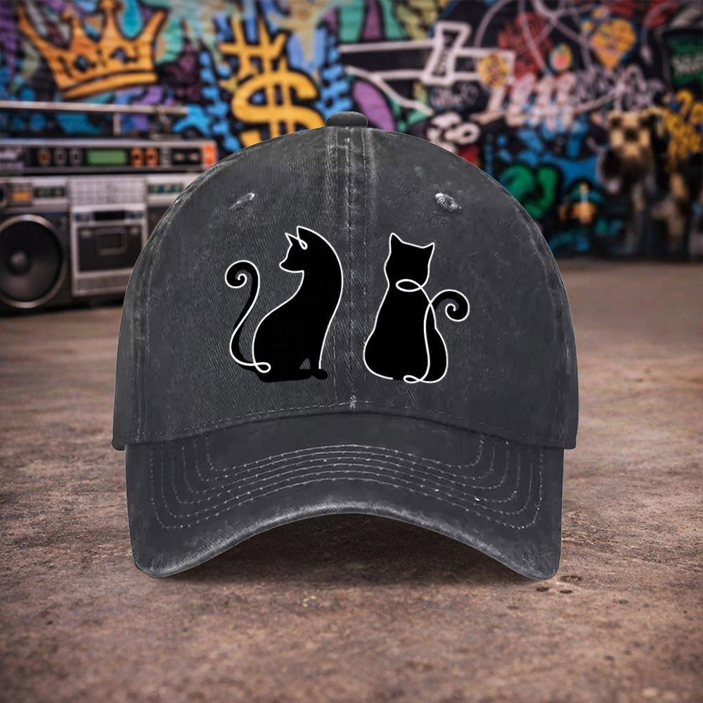 Pc Unisex Black Cat Line Art Vintage Washed Baseball Cap Unisexs Trendy Hat Versatile Duckbill Cap Fun Print A Unique Bir