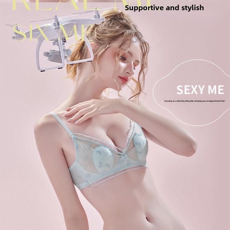 French Coquette Lace Thin Cup Wireless Bra, Girly Push Up Comfort Small Bust Women Bra