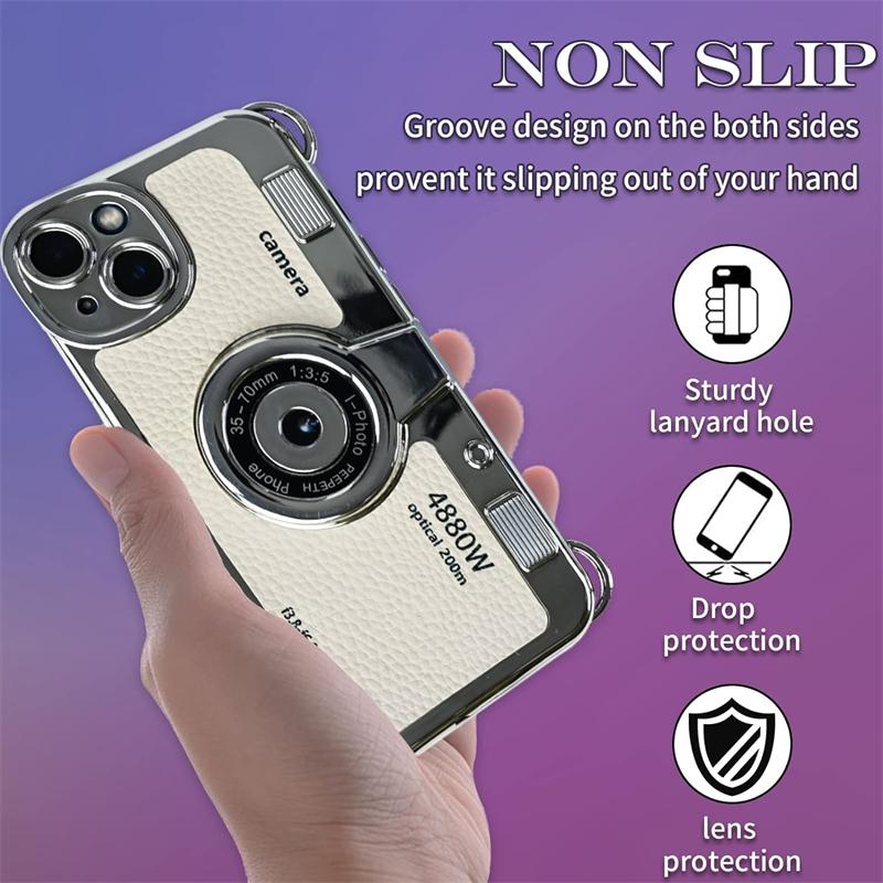 3D Vintage Camera Phone Case with Hand Strap for IPhone Air 17 16 15 14 13 12 Pro Max Plus 17Pro Shockproof Phone Leather Cover