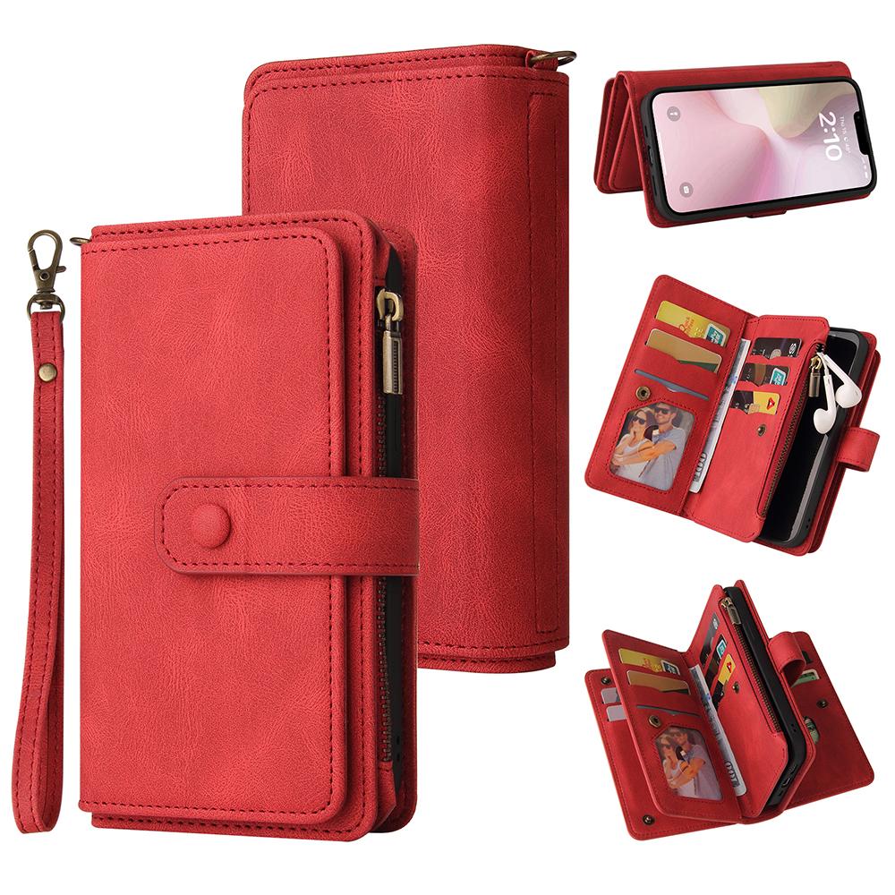 

For iPhone 16e Zipper Wallet Case with 15 Card Slots and Strap Leather Phone Cover Red