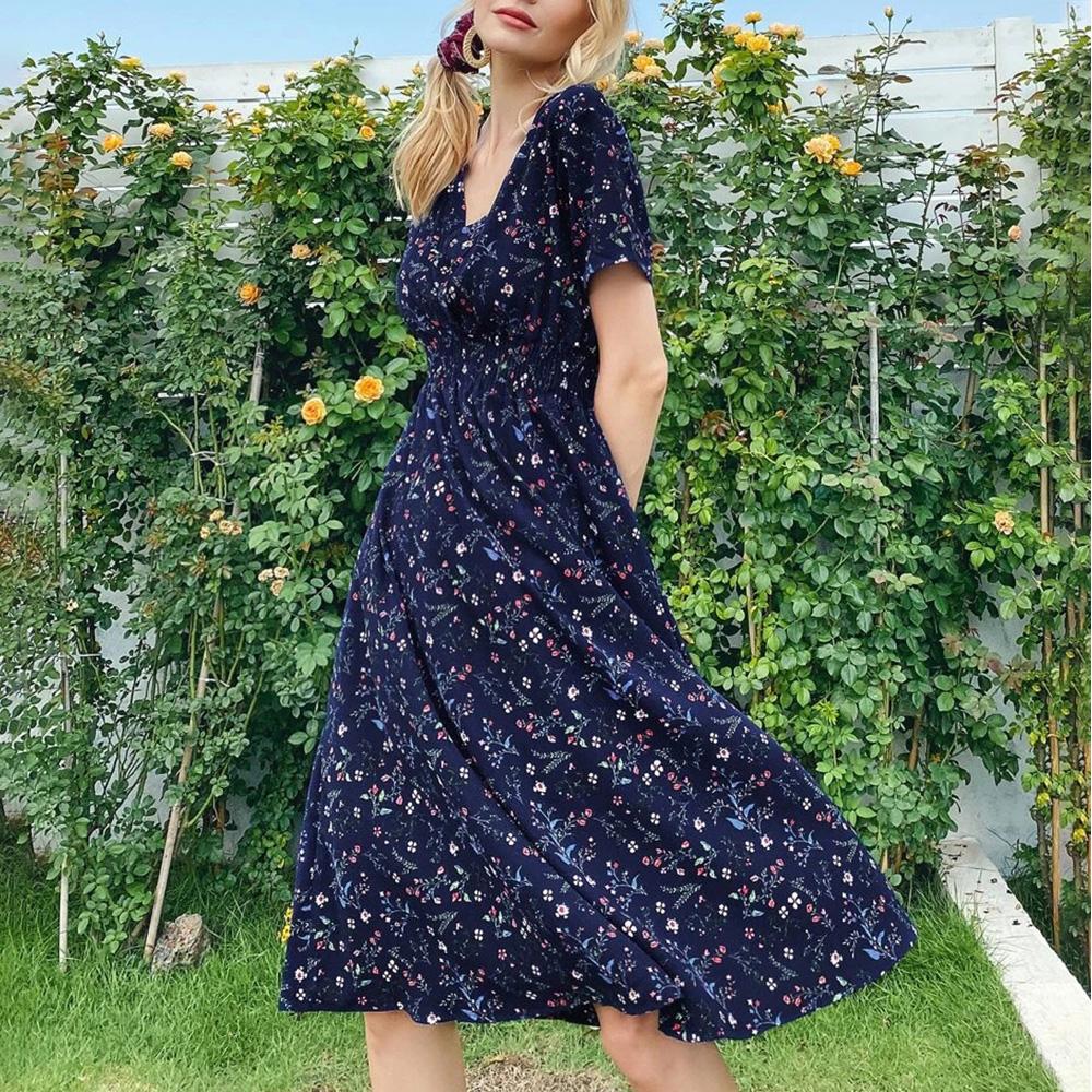 

Lapa Женское богемное платье миди трапециевидной формы в стиле бохо с V-образным вырезом и цветочным принтом XL синий