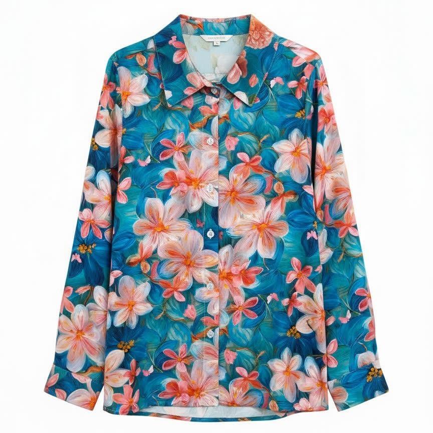 Women s Spring/Autumn Printed Lapel Long-Sleeve Loose Plus Size Elegant Shirt M