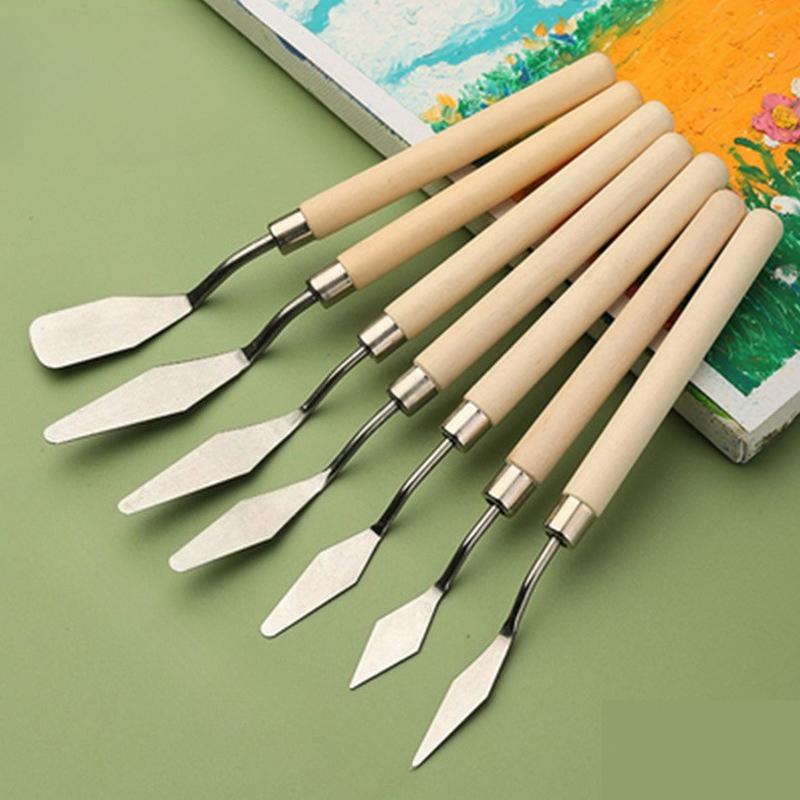 7pcs Painting Palette Knife Set Stainless Steel Scraper Palette Knife Wooden Palette Knife for Oil Paint 7pcs/set