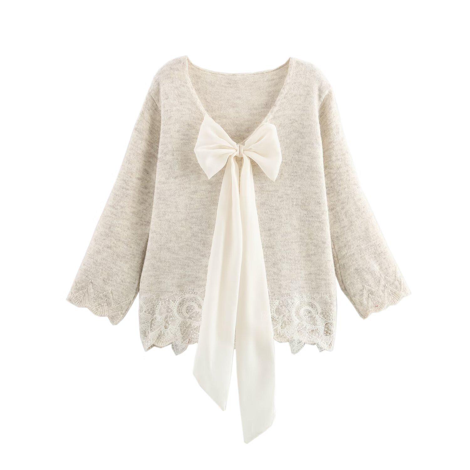 

Женский трикотажный пуловер с кружевной отделкой и V-образным вырезом, реверсивный, весна 2025 - Мода в евро-американском стиле One Size