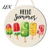 Wooden Hanging Sign Hello Summer Door Sign, Ice Pop Flip Flop Welcome Hanger, Front Plaque Farmhouse Wreath for Home Porch Decor Coastal Style Wall