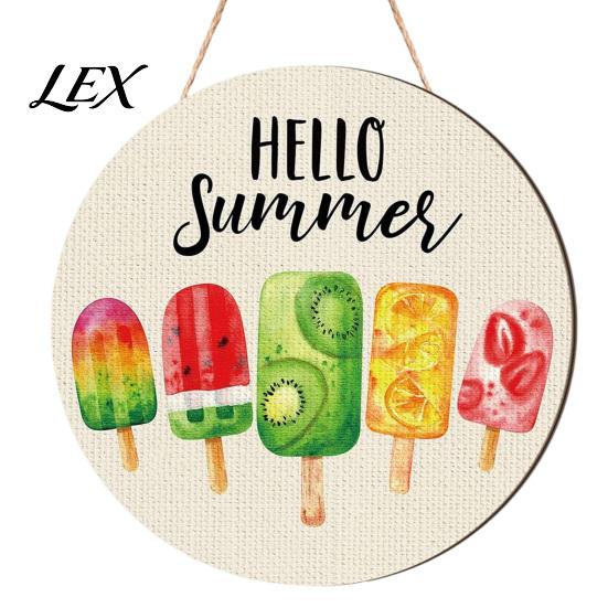 Wooden Hanging Sign Hello Summer Door Sign, Ice Pop Flip Flop Welcome Hanger, Front Plaque Farmhouse Wreath for Home Porch Decor Coastal Style Wall