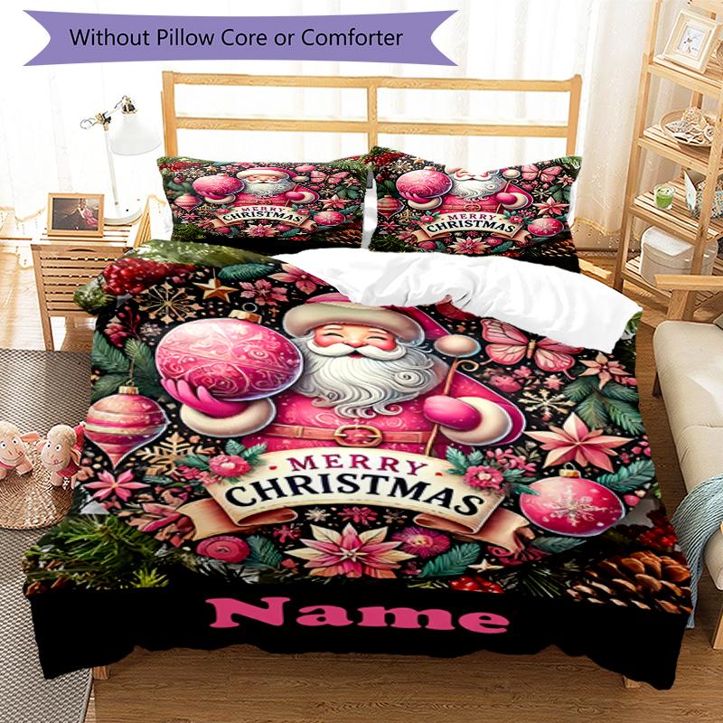 3pcs Custom Name Christmas Santa Claus Bedding Set Duvet Cover Closure Includes 1 Duvet Cover & 2 Pillowcases, Soft and Comfortable for All Seasons.