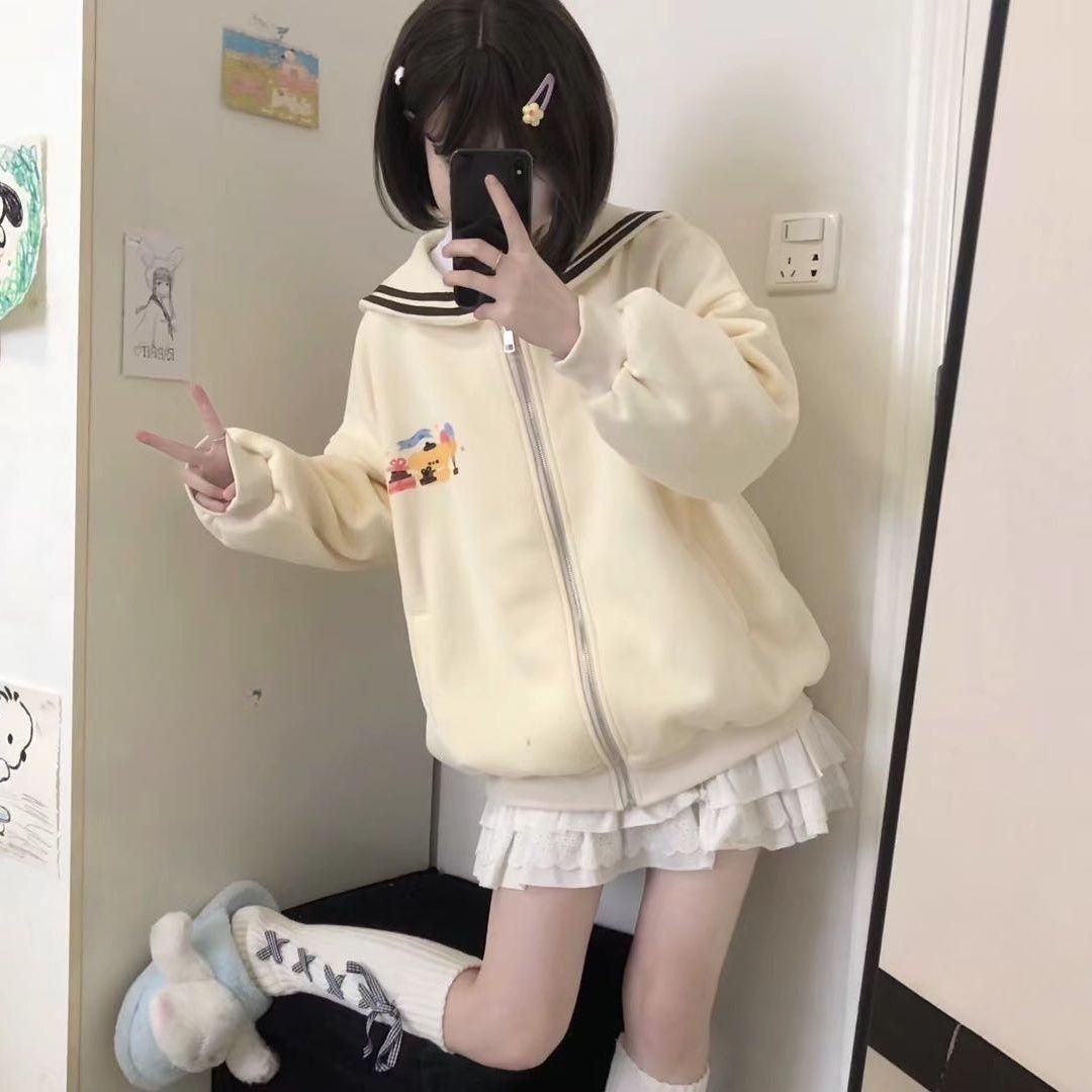 

Harajuku Kawaii толстовка на молнии женская с матросским воротником в японском стиле милые толстовки Oversize Лолита девчачья куртка с принтом аниме