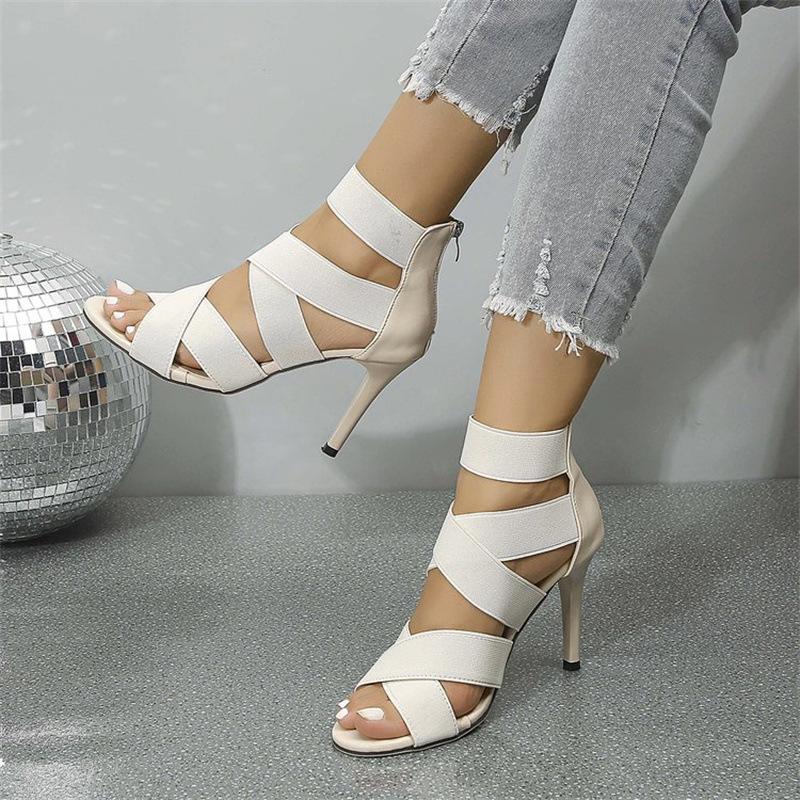 Europe and America 22 Summer Large Size High-heeled Sandals Stiletto Cross Elastic Band Rear Zipper Sexy Sandals