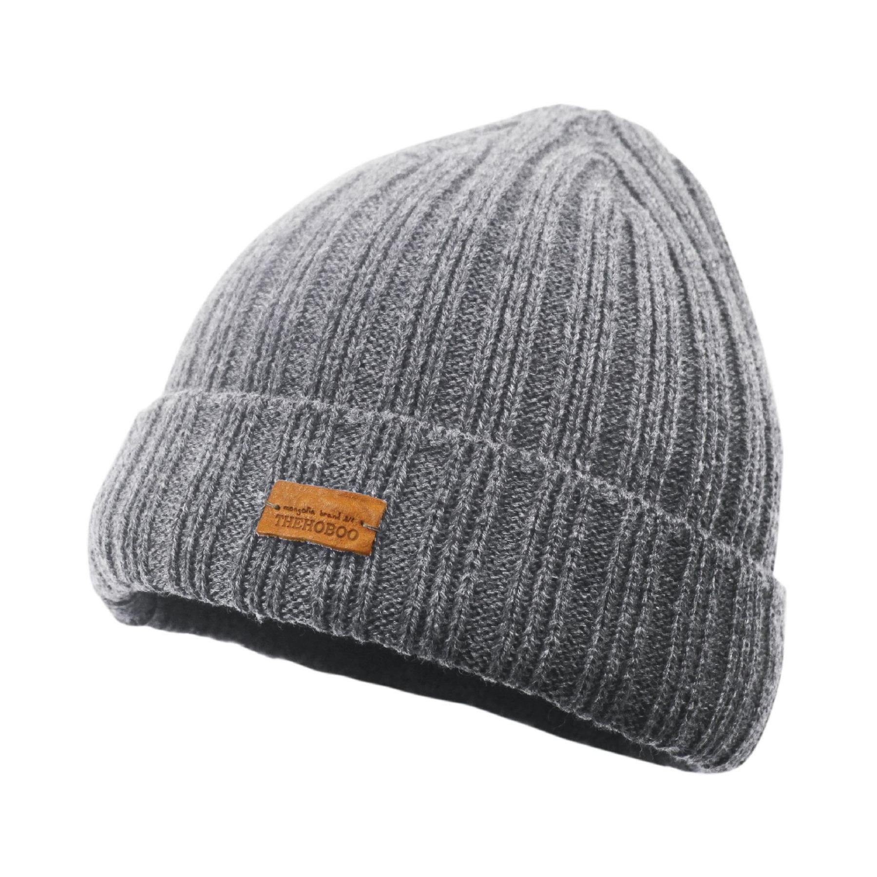 

Черная шляпа с кожаным лейблом, теплая вязаная шапка, японская ретро-уличная холодная шапка, шерстяная шапка светло-серый