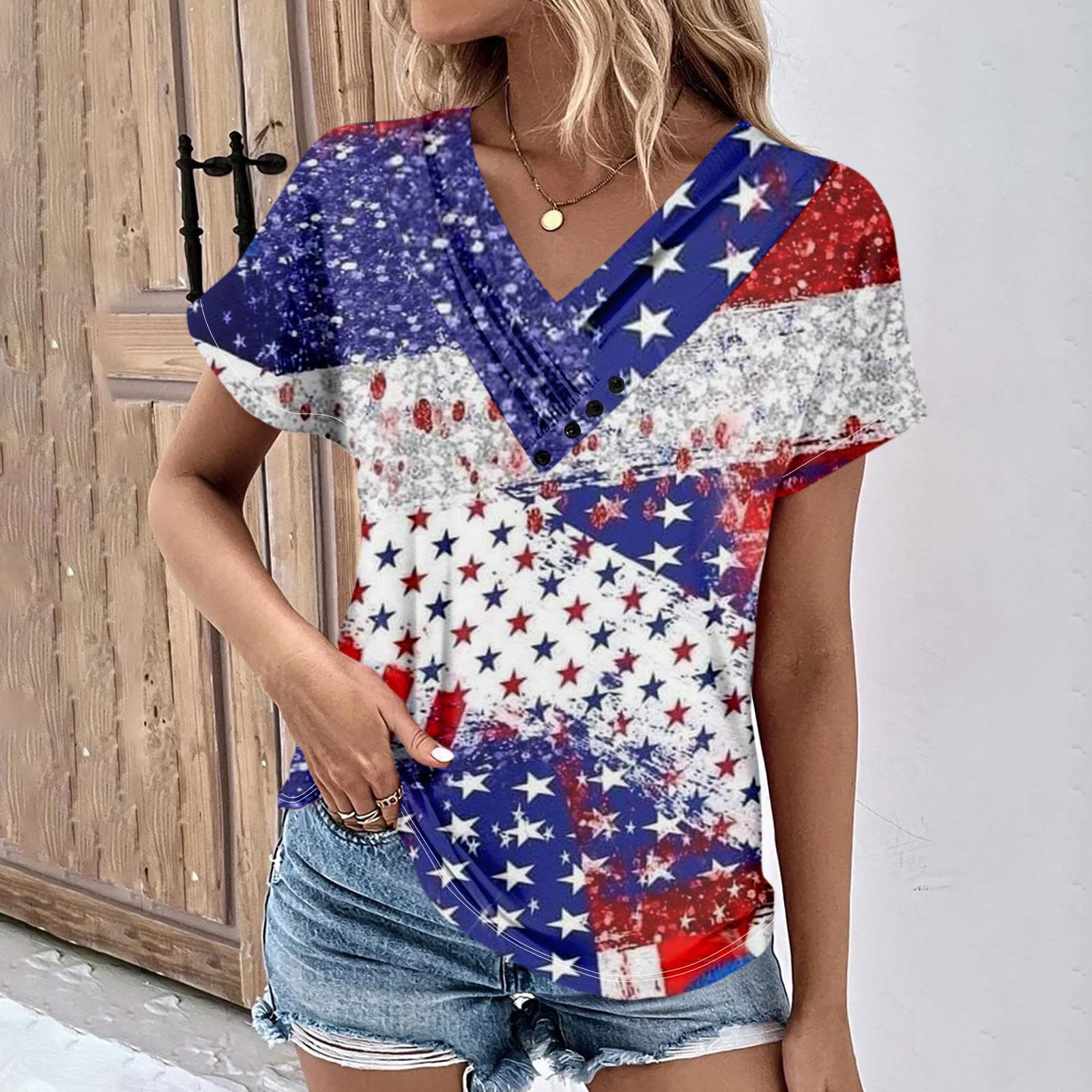 

Летние топы для женщин с принтом ко Дню независимости для женщин, удобные женские топы с v-образным вырезом и короткими рукавами, футболки большого размера XL белый