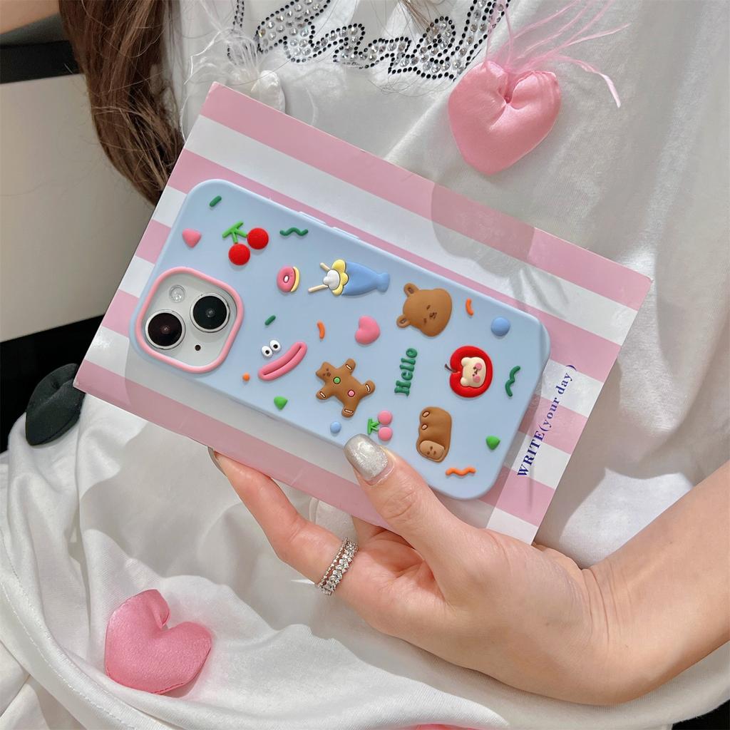 For iPhone 15 Silicone Case Cute Hello Bear Design Shockproof Phone Back Cover