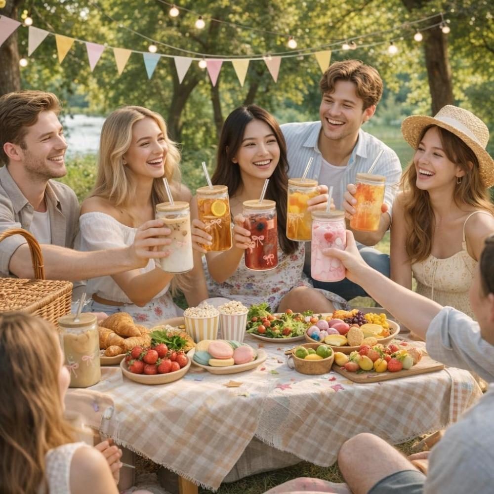 4pcs Bow Glass Cups with Lids and Straws 16oz Can Shaped Drinking Glasses Set Iced Coffee Cup Beer Glasses Tumbler