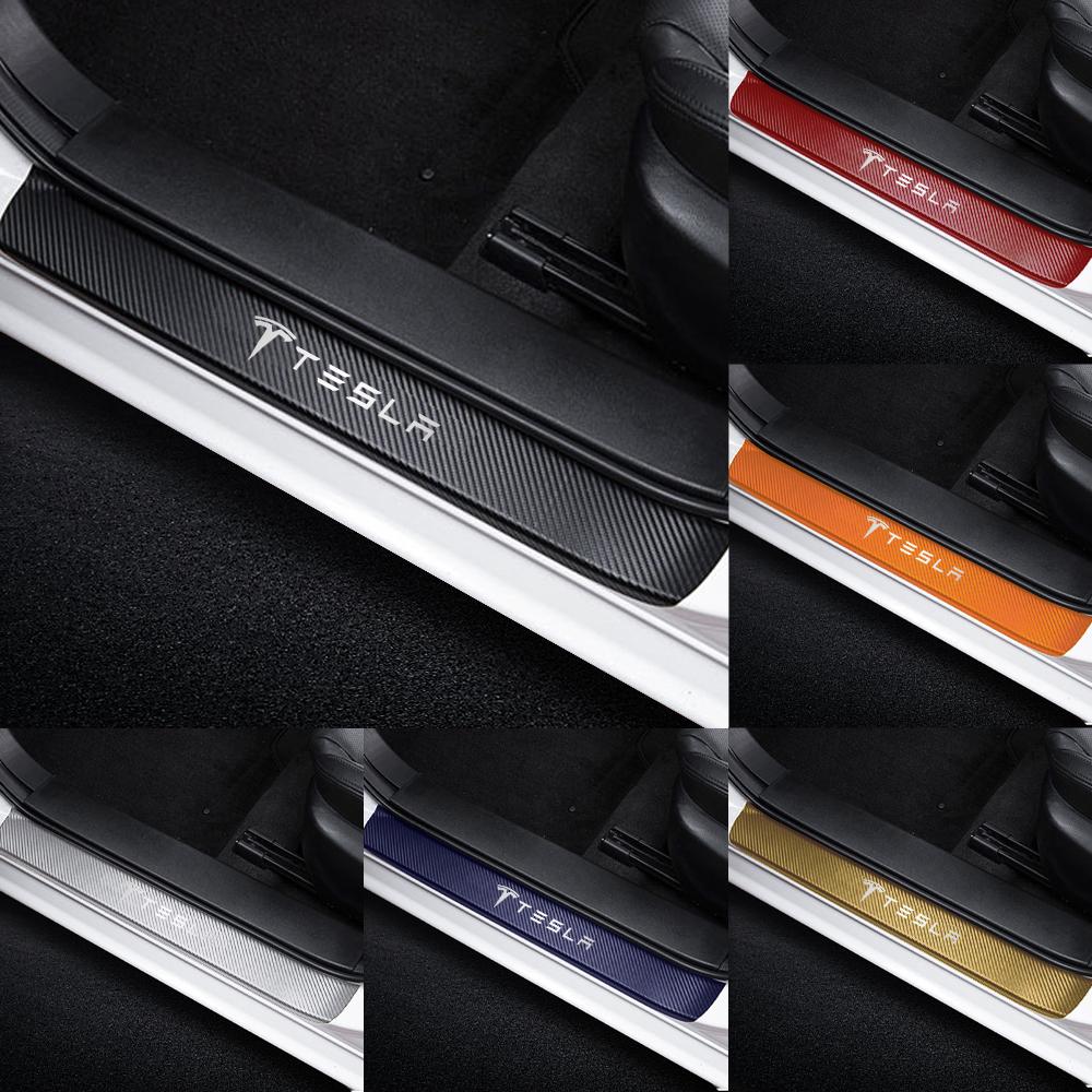 4pcs Car Anti Scratch Scuff Carbon Fiber Door Threshold Stickers for Tesla Model 3 Model S X Model Y Roadster SpaceX Cybertruck
