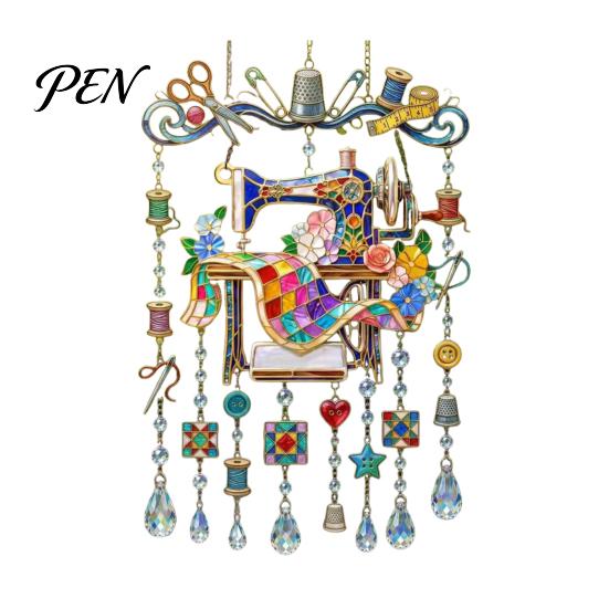 Vintage Style Artistic Ornament Sewing Machine Crystal Wind Chime, Acrylic Outdoor Hanging Suncatcher, for Enthusiasts Colorful Pendants Garden