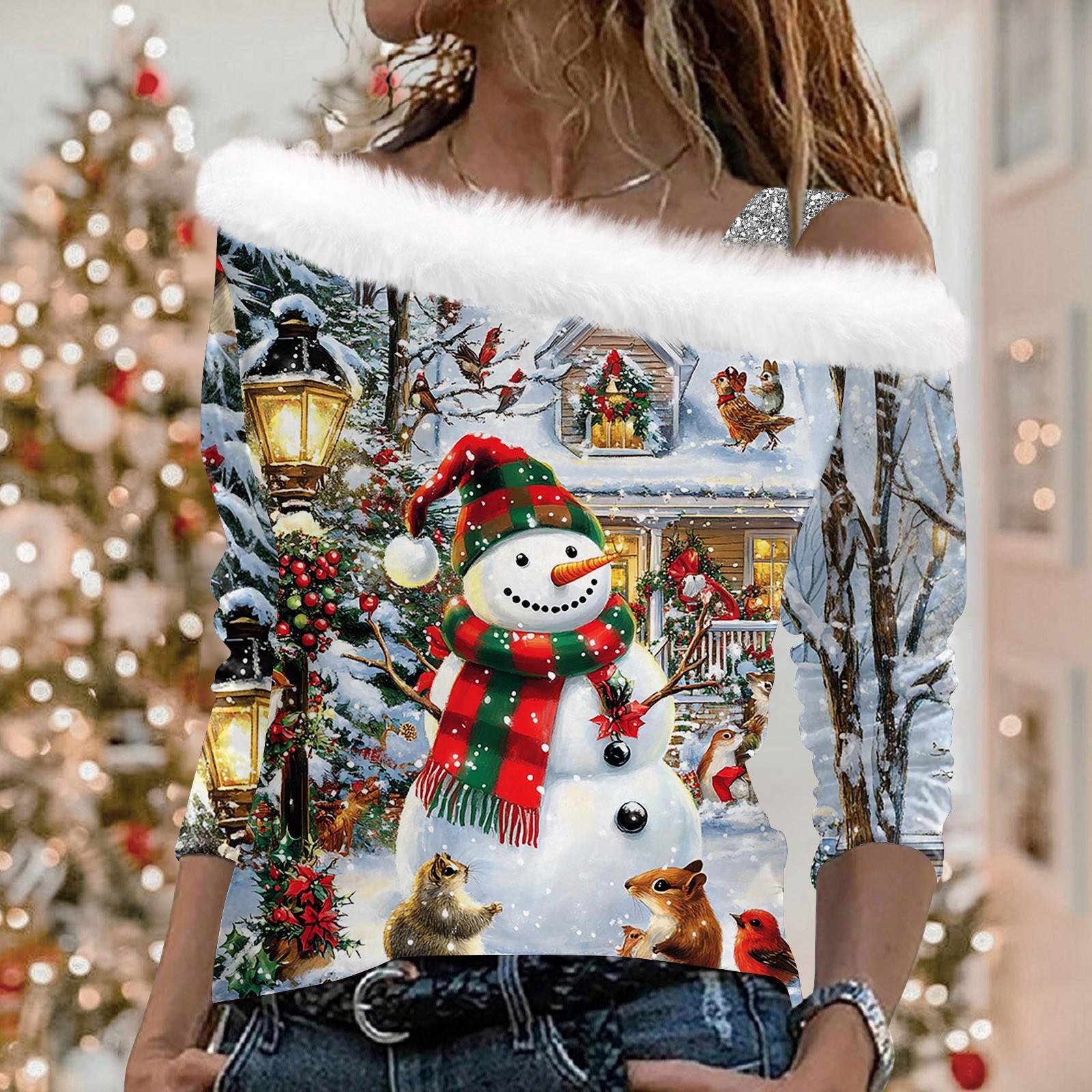 

Женские топы с длинными рукавами. Модные женские свободные пуловеры с открытыми плечами с рождественским принтом. L