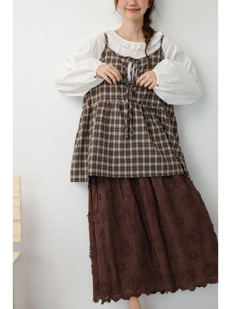 Saia Midi Bordada com Flores 3D Estilo Mori Girl com Forro – Casual & Versátil