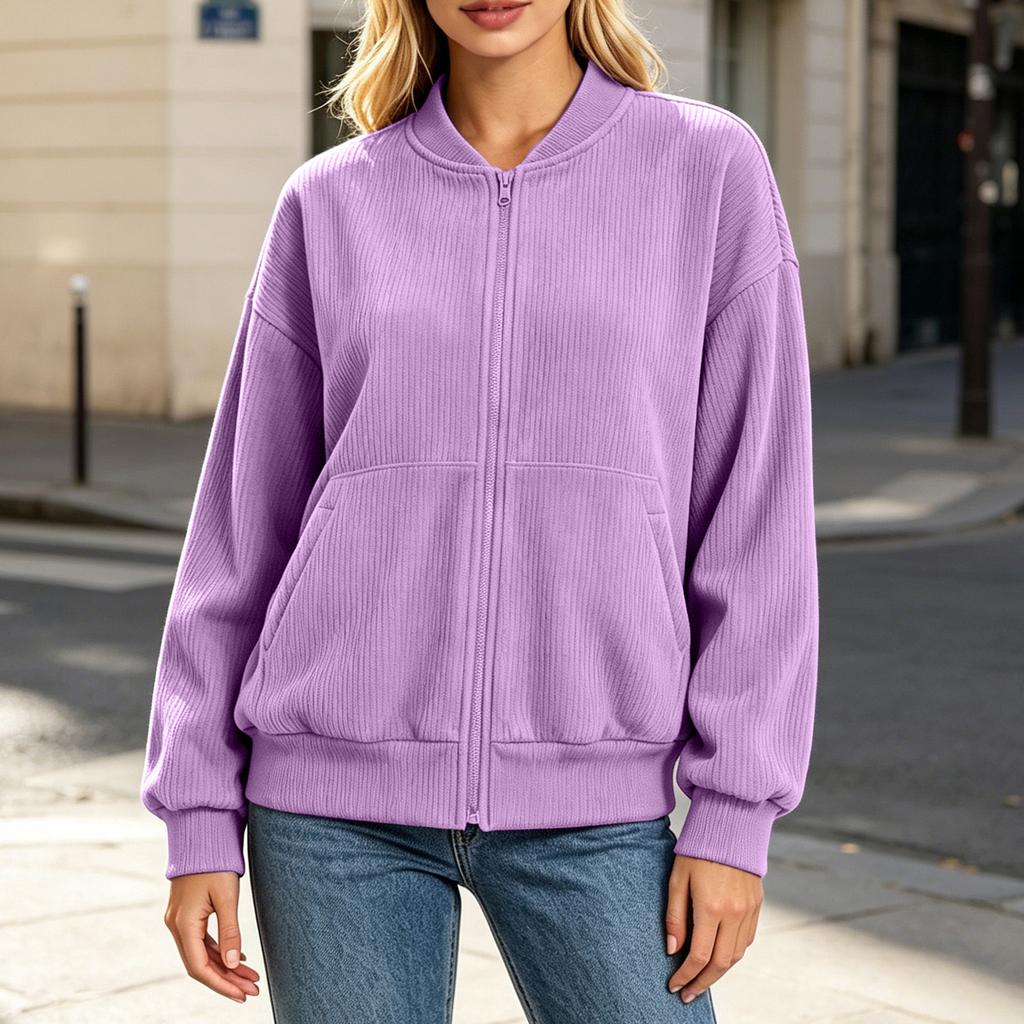Women's Color Round Neck Long Sleeve Zip Pocket Jacket Loose Fit Casual