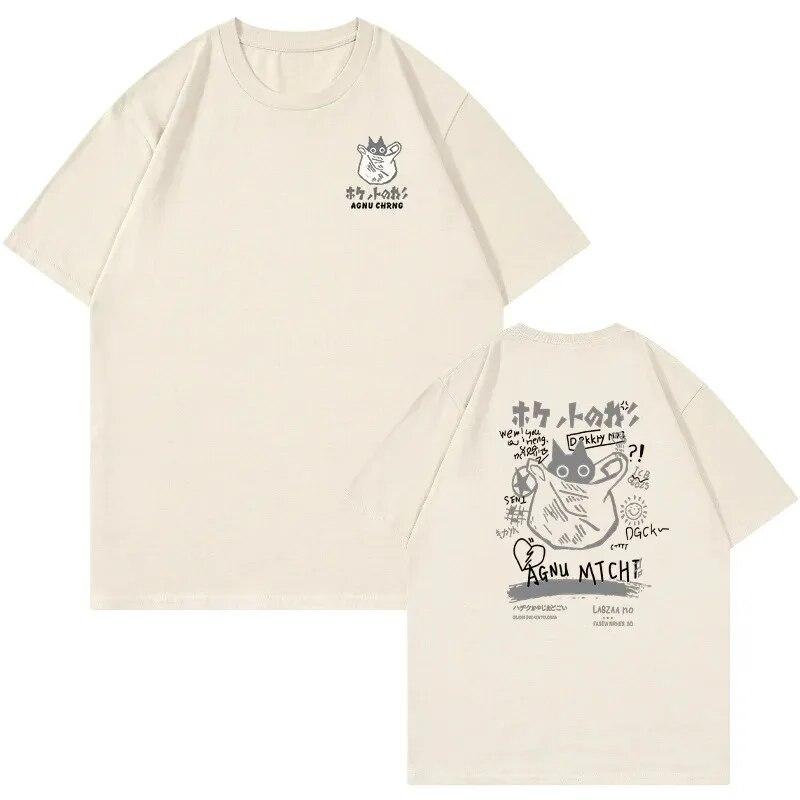 Unisex Women Cotton T-Shirt Japanese Kanji Funny Cat Printed T Shirt Harajuku Casual Short Sleeve Tshirt Streetwear Trend Tee Tops