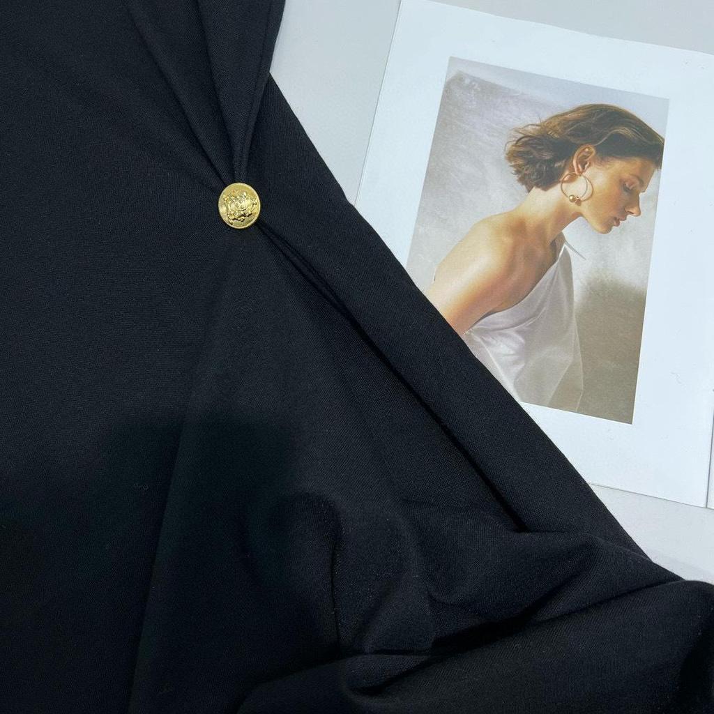 Merino Wool Blend Pleated Slimming Dress with Gold Buttons