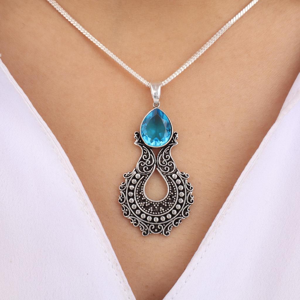 Swiss Blue Topaz Gemstone 925 Sterling Silver Jewelry Long Oxidize Pendant 1.8" For Thanksgiving Gift CP-45-8