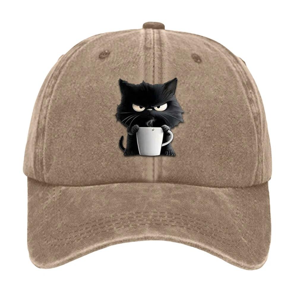 Cotton Snapback Baseball Cap Cute Cat Adjustable Cotton Cap Coffee Cat Printed Baseball Hat for Mom Grandma Cat Lover